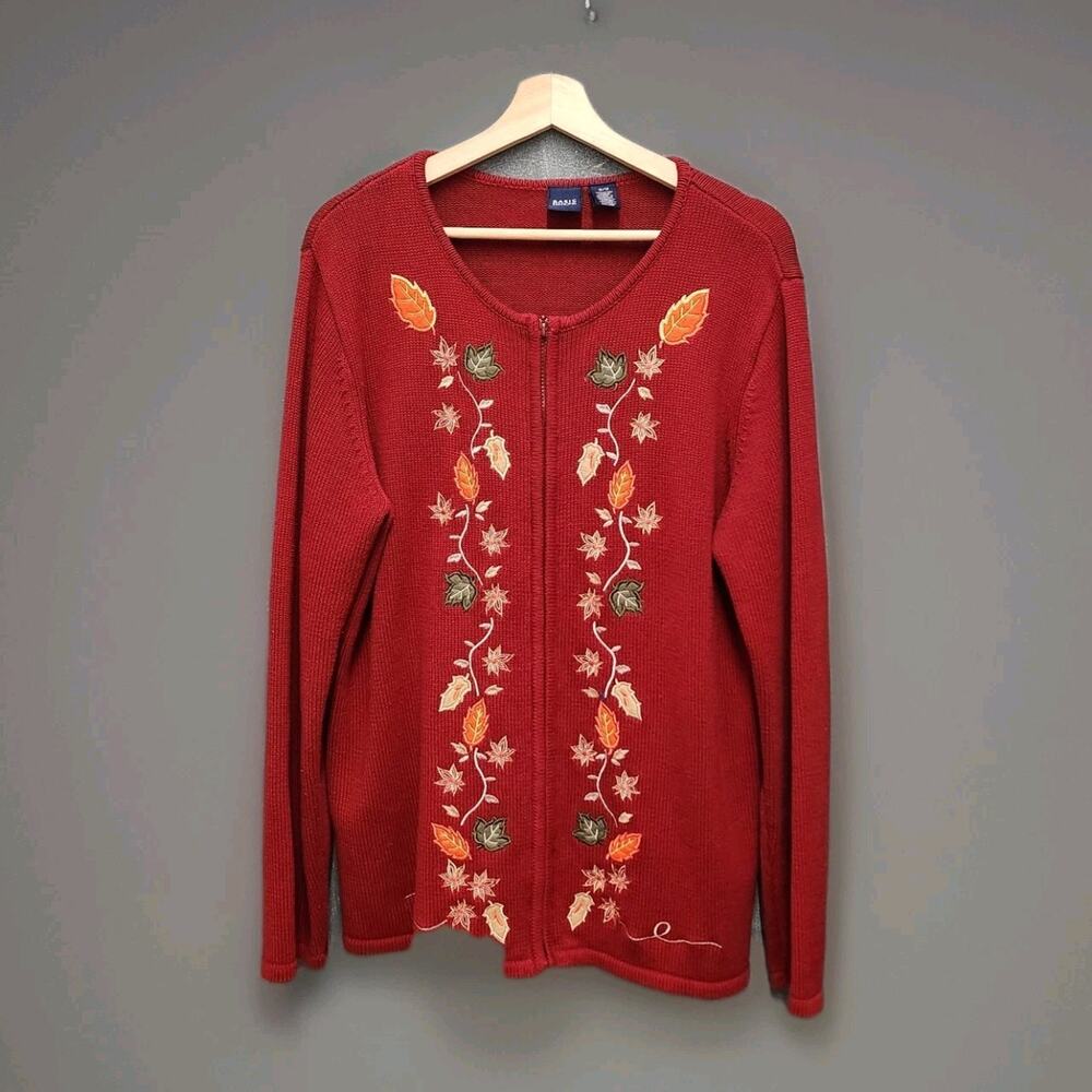 Basic Edition 1X Rusty Red Full-Zip Cotton Sweater Cardigan Fall Leaves Design